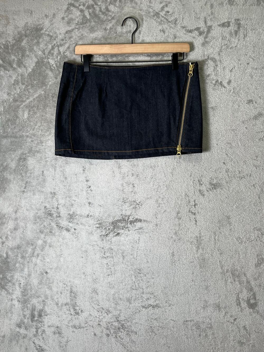 Retrofete Nyla Denim Micro Mini Skirt‎ Gold Zip Y2K Baddie It Girl Dark Wash Med